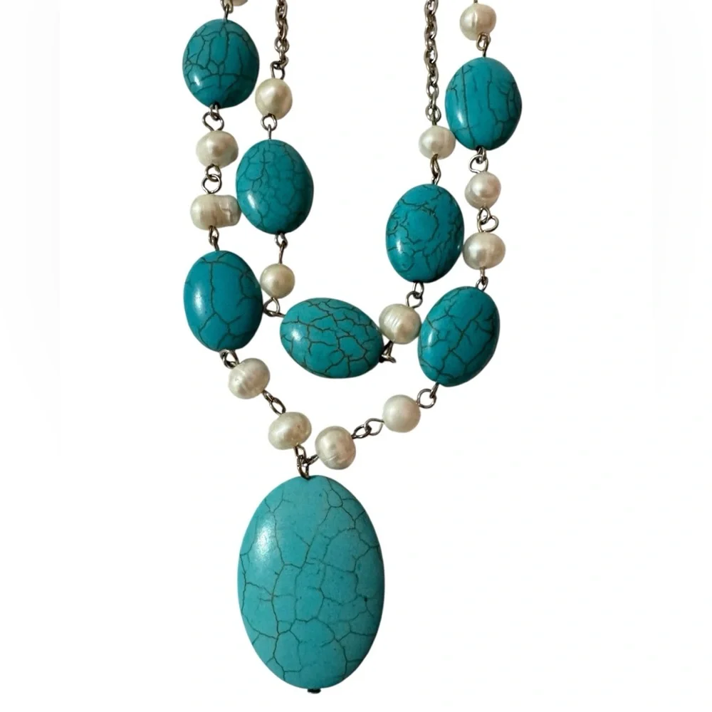 Turquoise Stone & Pearl Statement Necklace Set w/ Matching Earrings